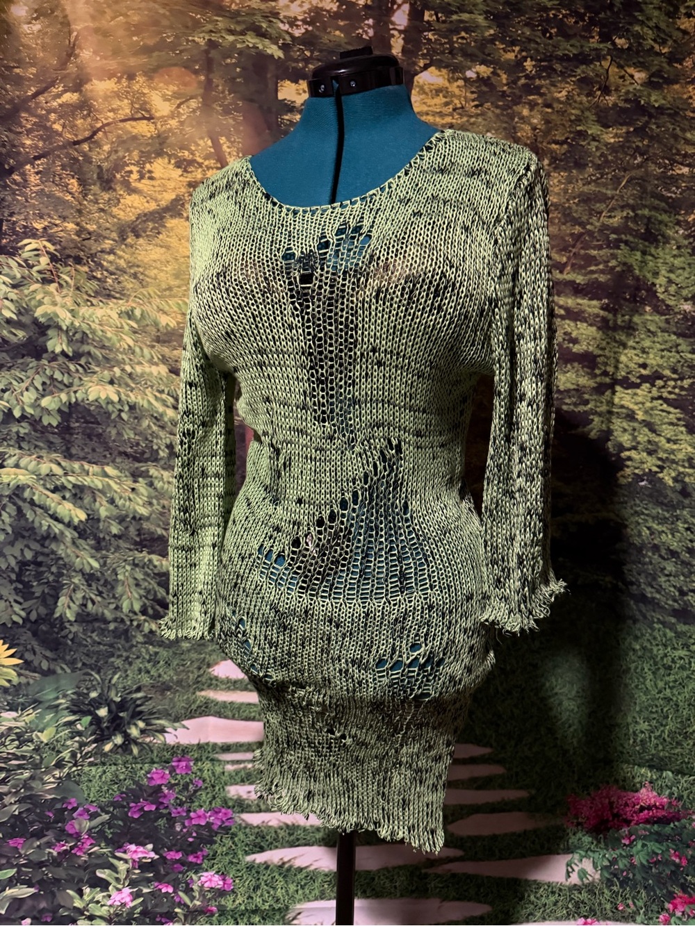 Open Knit Green Sheer Sweater Dress